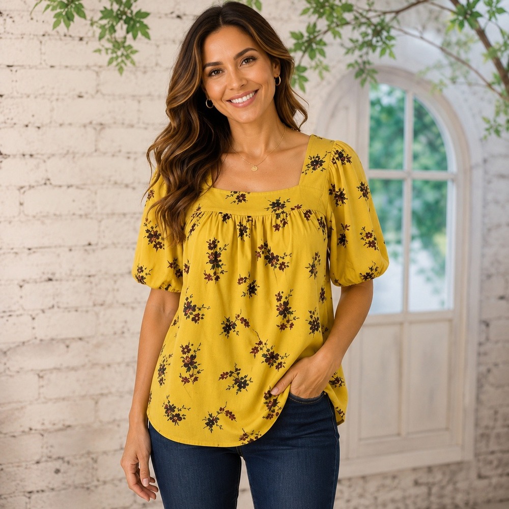 Lucky Brand Womens XL‎ Mustard Yellow Floral Square Neck Puff Sleeve Boho Top